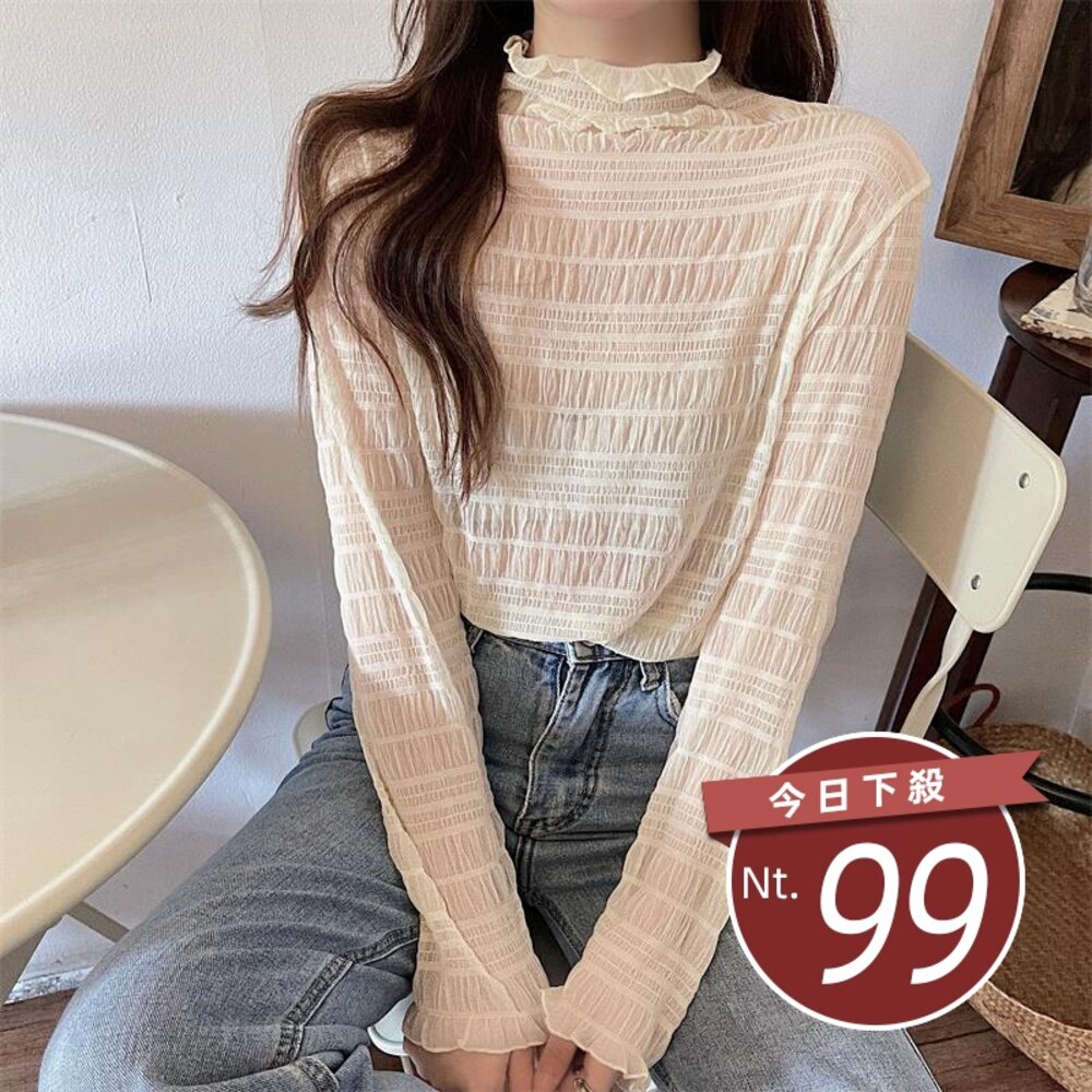 18587465278-【台灣發貨】韓版高領蕾絲打底網紗長袖上衣 長袖上衣 長袖t恤 衣服 女裝 上衣【W405】