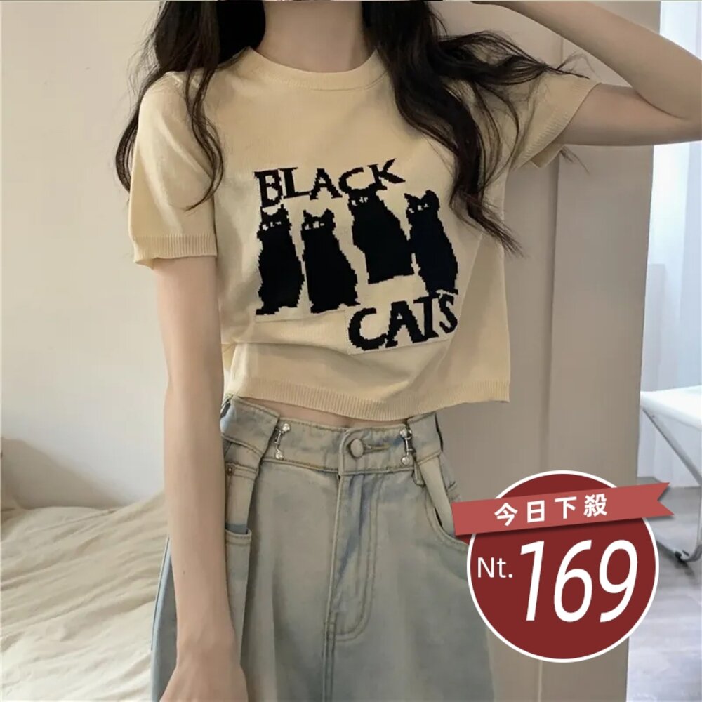 18591317990-【台灣發貨】韓版寬鬆貓咪針織上衣 衣服 女裝 t恤 短袖t恤 上衣【T518】