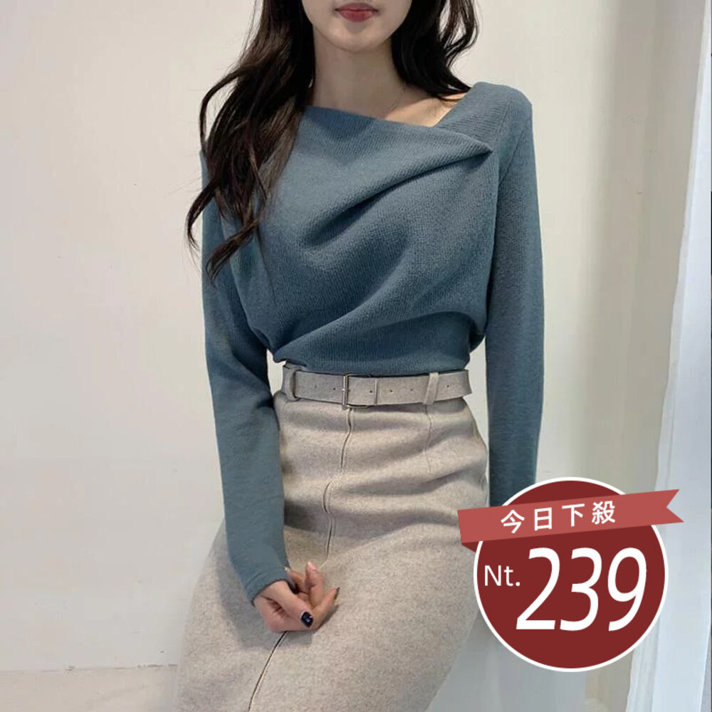 18658020328-【台灣發貨】韓版磨毛設計感斜領不規則針織上衣 長袖上衣 長袖t恤 衣服 女裝 上衣【W315】
