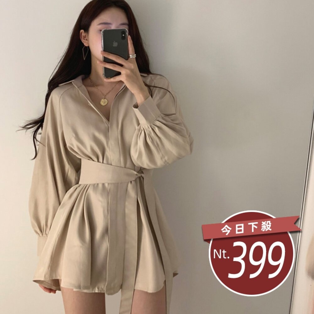 18748656837-【台灣發貨】韓版氣質顯瘦綁帶設計感洋裝 套裝 長袖上衣 長袖t恤 衣服 女裝 上衣【S216】