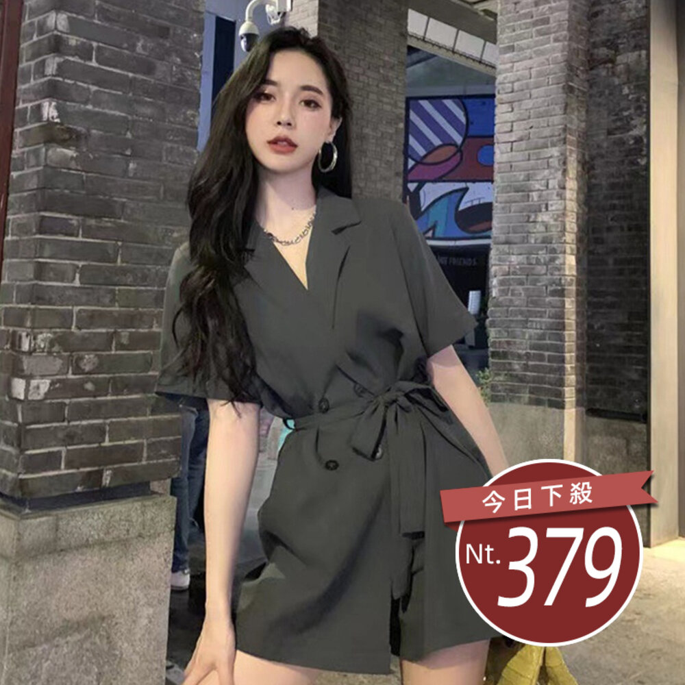 18824665953-【台灣發貨】韓版收腰顯瘦雙排扣連體褲洋裝 連身裙 吊帶裙 吊帶褲 女裝【S192】