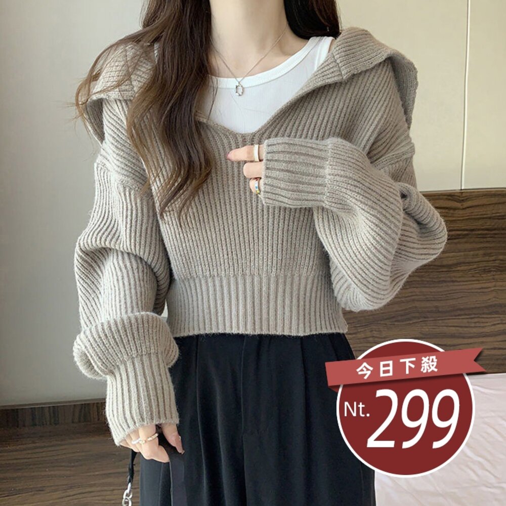 18894394937-【台灣發貨】韓版寬鬆顯瘦短版針織上衣 長袖上衣 長袖t恤 衣服 女裝 上衣【W428】
