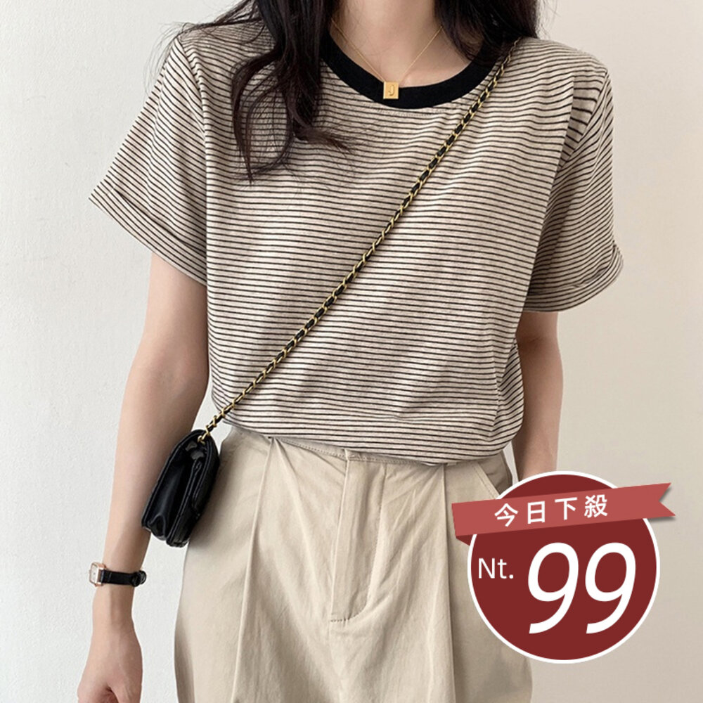 18927232556-【台灣發貨】韓版條紋撞色寬鬆短袖上衣 衣服 女裝 t恤 短袖t恤 上衣【T472】