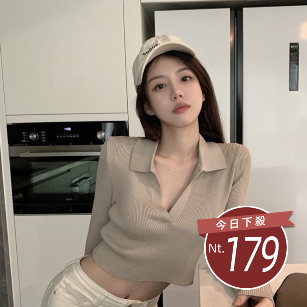 18955174255-【台灣發貨】韓版復古V領襯衫短版針織上衣 長袖上衣 長袖t恤 衣服 女裝 上衣【W288】