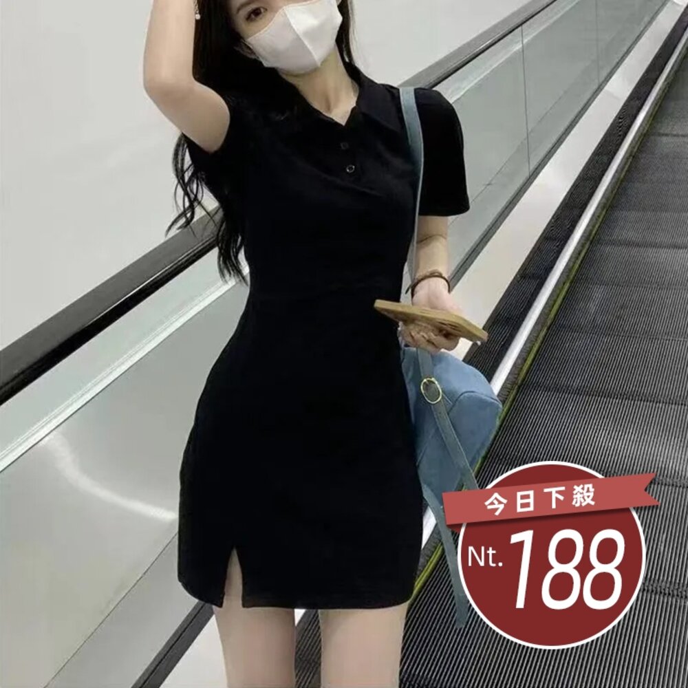 19291710535-【台灣發貨】韓版氣質翻領顯瘦短袖連衣裙 連身裙 吊帶裙 吊帶褲 女裝【S266】