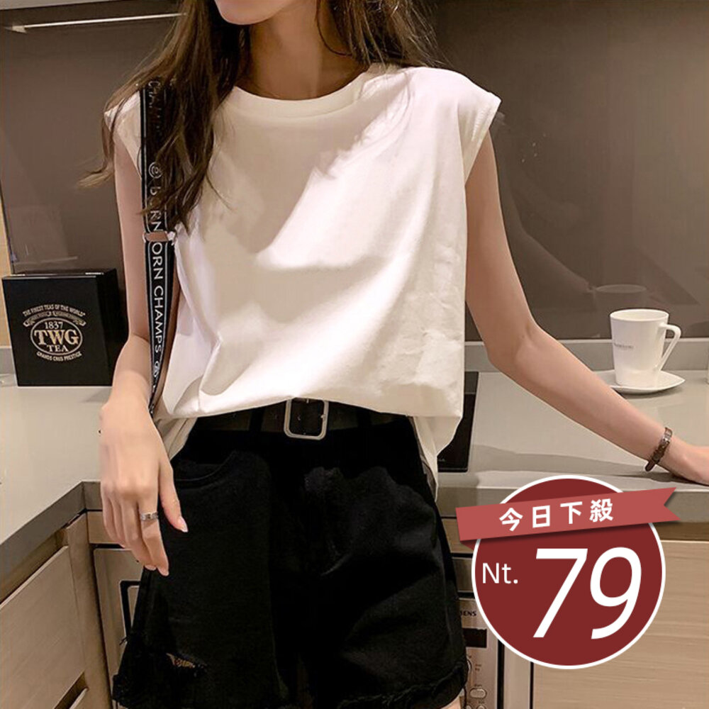 19383410683-【台灣發貨】韓版白色寬鬆圓領背心 小可愛 背心 衣服 女裝 上衣【T519】