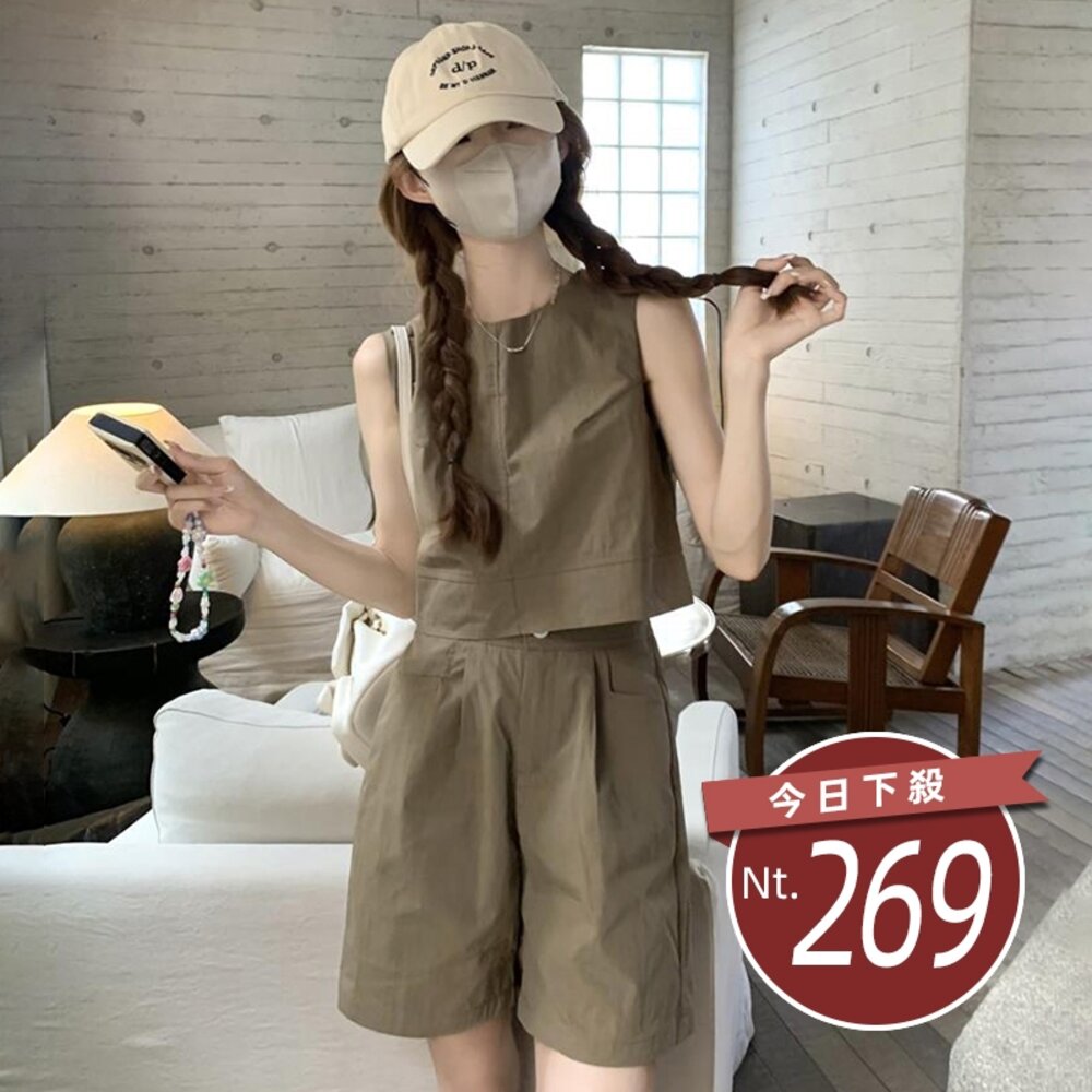 19392926540-【台灣發貨】韓版氣質文青風修身顯瘦無袖上衣+短褲 套裝 小可愛 背心 衣服 女裝 上衣【V316】
