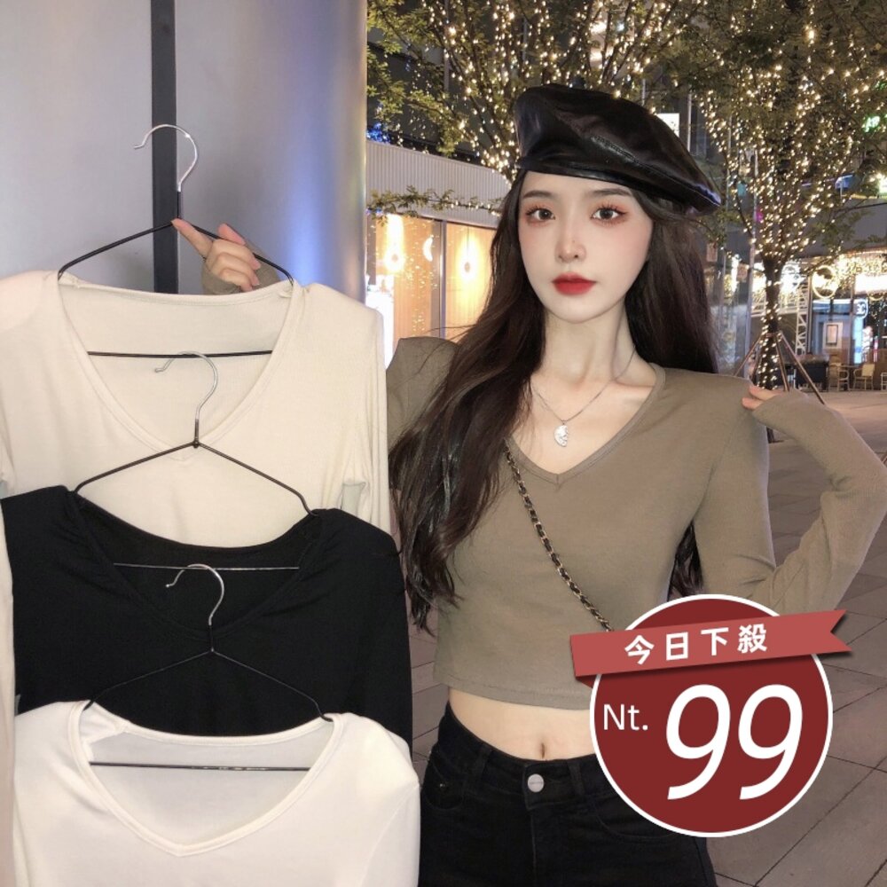 19467307744-【台灣發貨】韓版V領素色短版長袖上衣 長袖上衣 長袖t恤 衣服 女裝 上衣【W366】