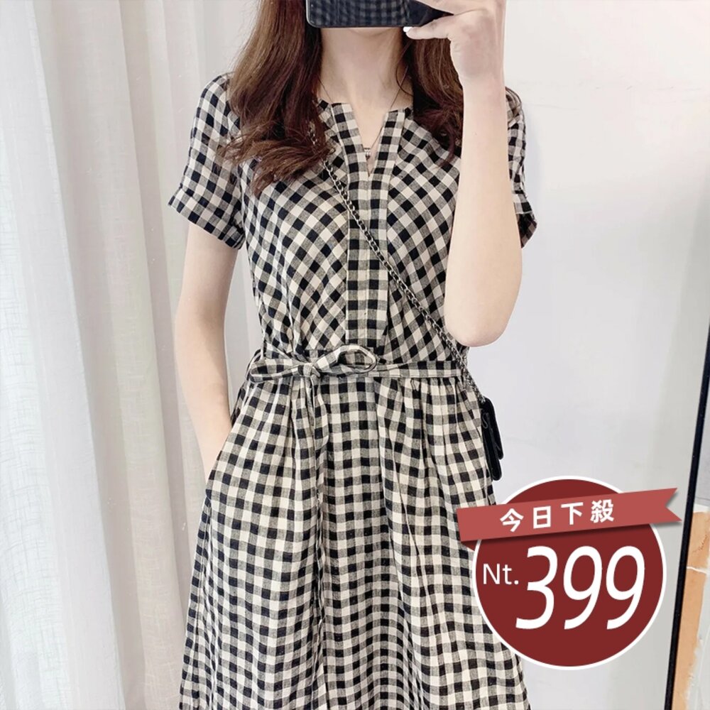 19514716759-【台灣發貨】韓版格子休閒收腰短袖洋裝 連身裙 吊帶裙 吊帶褲 女裝【S183】