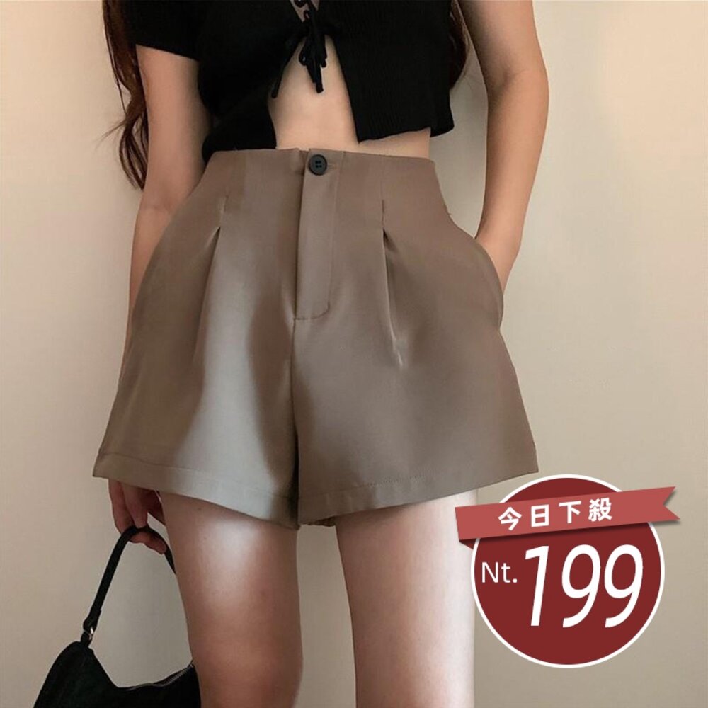 19524606805-【台灣發貨】韓版復古高腰寬鬆顯瘦西裝短褲 短褲 褲子 女裝【P195】