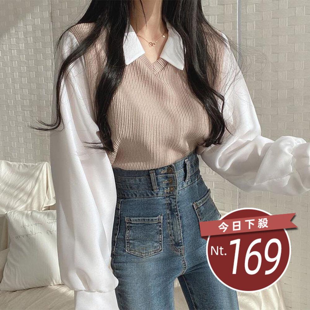 19967292467-【台灣發貨】韓版復古學院風假兩件長袖上衣 長袖上衣 長袖t恤 衣服 女裝 上衣【W361】