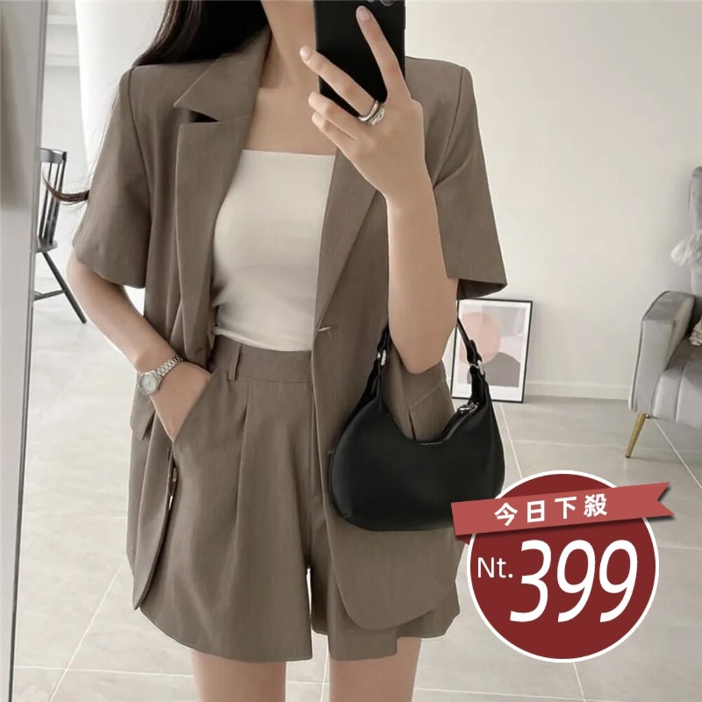 19976436008-【台灣發貨】韓版氣質寬鬆休閒短袖西裝外套+高腰直筒西裝短褲 外套 防曬外套 女裝 上衣 衣服 P232【J271】