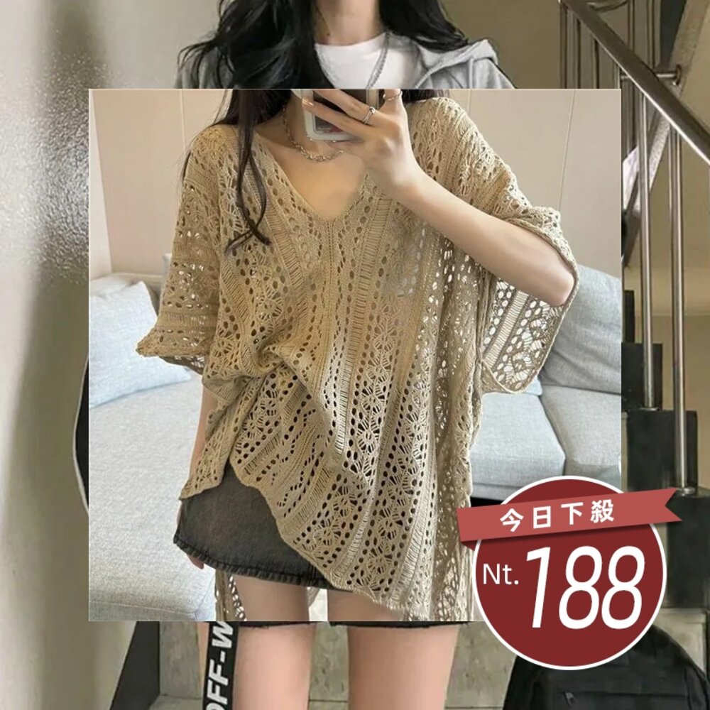 19981198107-【台灣發貨】韓版復古鏤空小眾寬鬆顯瘦罩衫 衣服 女裝 t恤 短袖t恤 上衣【T540】