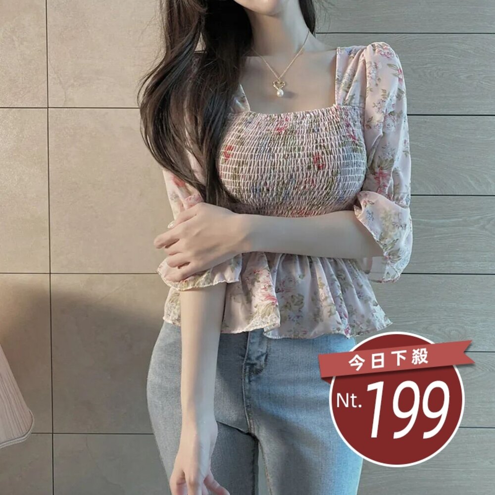 20015038756-【台灣發貨】韓版小碎花收腰顯瘦喇叭袖雪紡上衣 衣服 女裝 t恤 短袖t恤 上衣【T453】