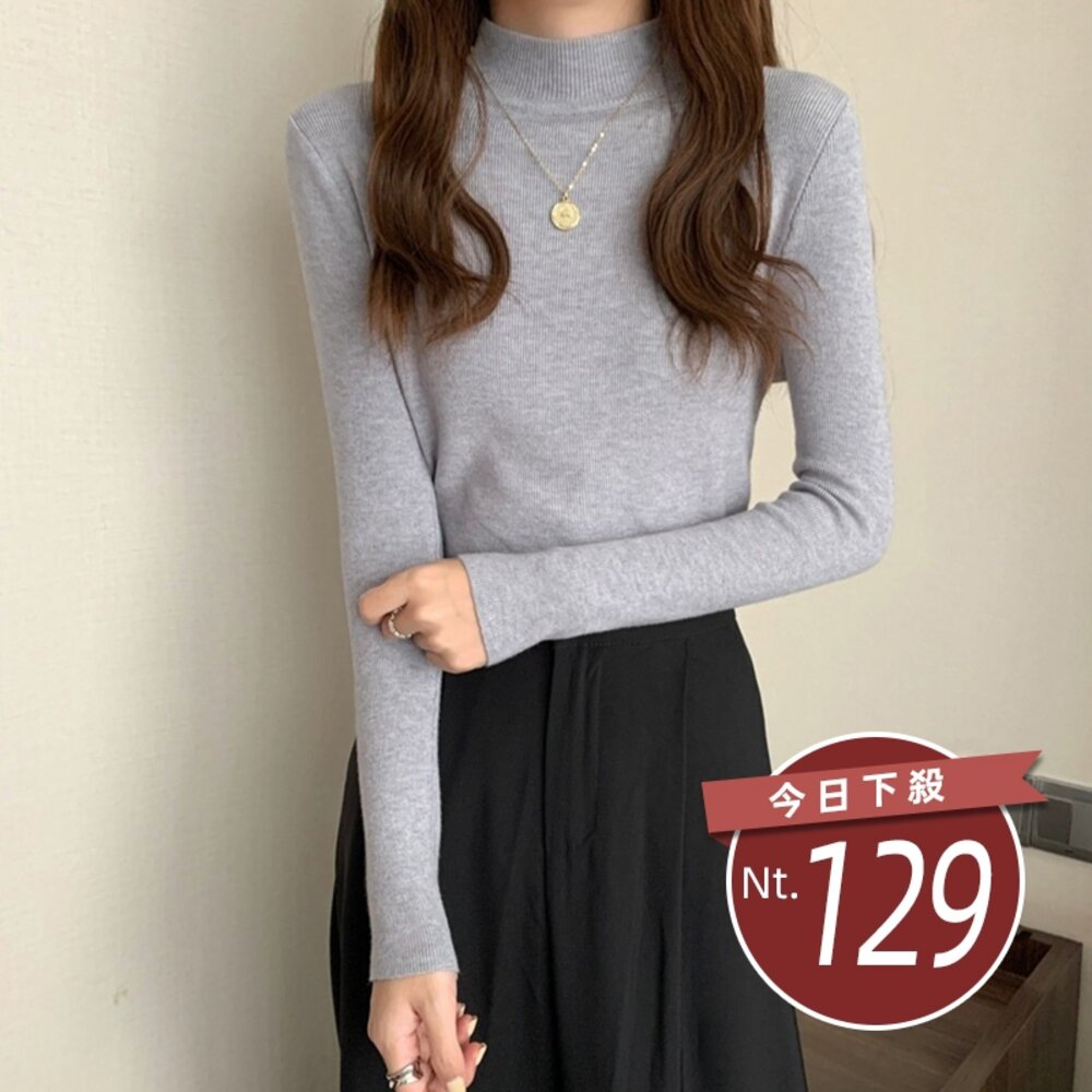 20063142231-【台灣發貨】韓版溫柔風半高領彈性顯瘦針織上衣 長袖上衣 長袖t恤 衣服 女裝 上衣【W145】