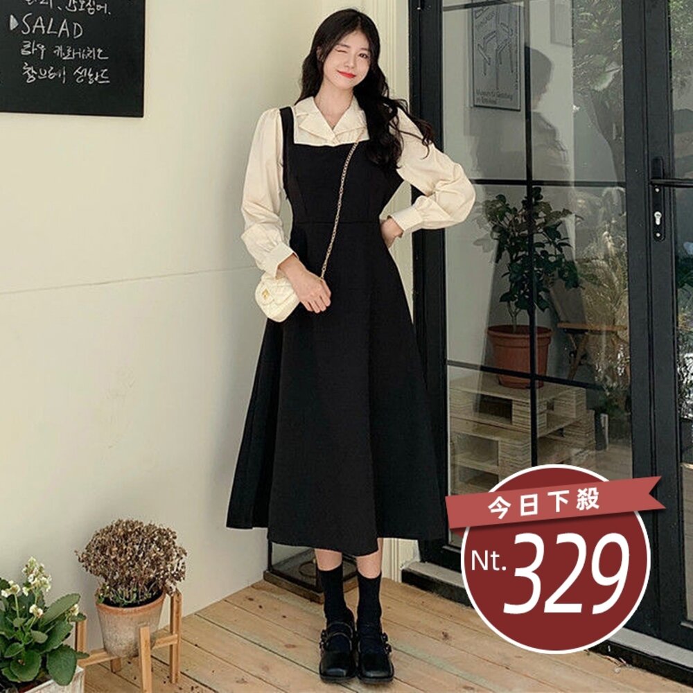 20175751291-【台灣發貨】韓版氣質假兩件簡約小眾長袖連衣裙 連身裙 吊帶裙 吊帶褲 女裝【S247】