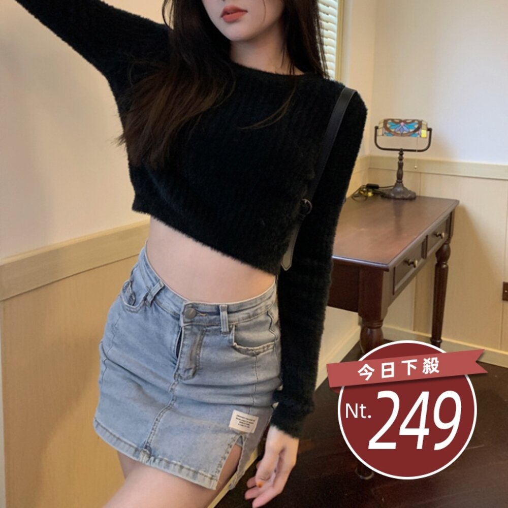 20263378597-【台灣發貨】韓版針氣質溫柔風短版針織上衣 長袖上衣 長袖t恤 衣服 女裝 上衣【W254】