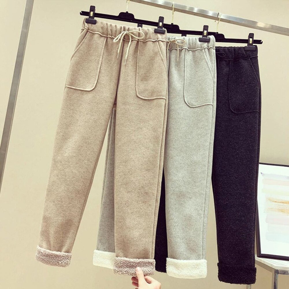 20462941244-【台灣發貨】韓版高腰直筒內刷毛九分長褲 寬褲 褲子 女裝【P216】