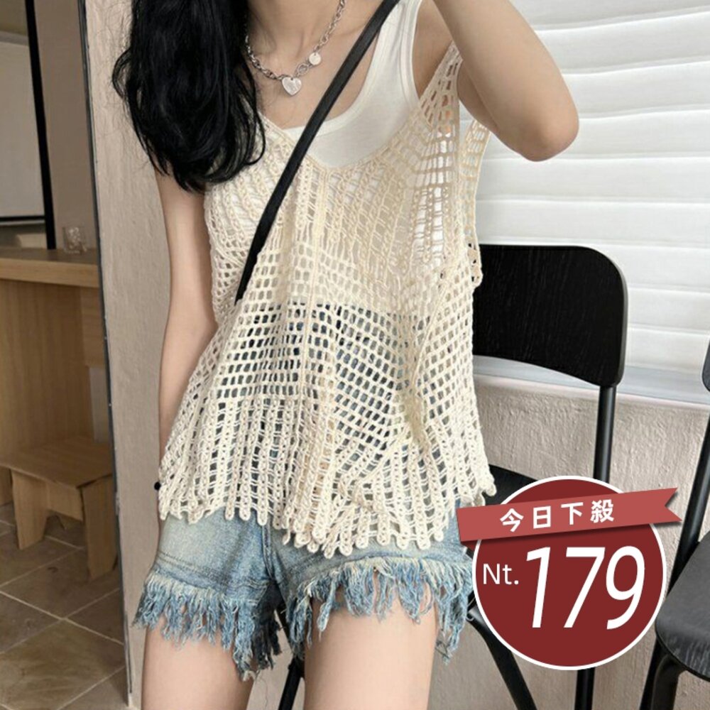 20591776456-【台灣發貨】韓版復古鏤空度假風針織背心 小可愛 背心 衣服 女裝 上衣【V302】