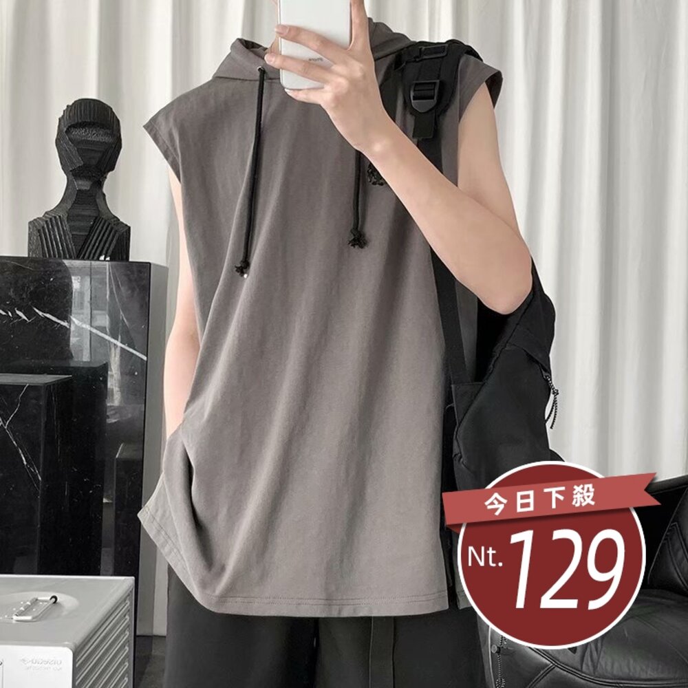 20680435075-【台灣發貨】韓版男運動連帽背心 小可愛 背心 衣服 男裝 上衣【V269】