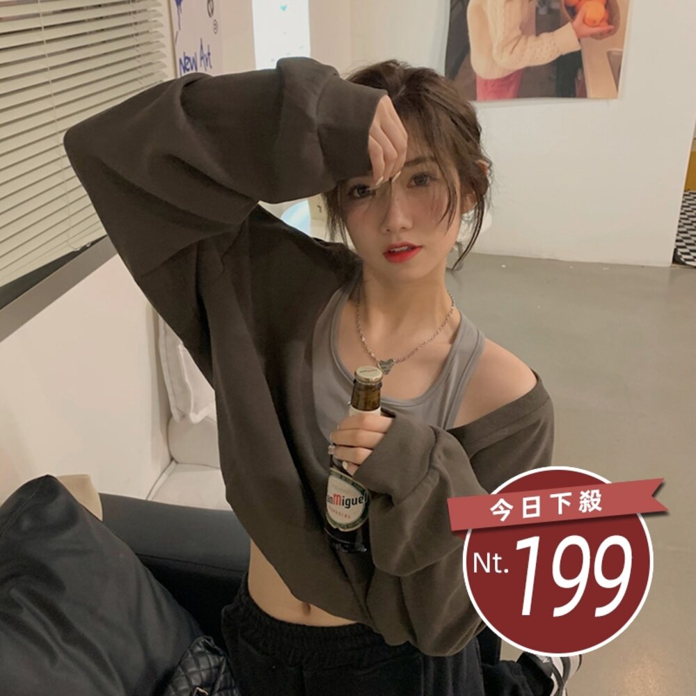 20761463333-【台灣發貨】韓版復古V領假兩件露肩長袖上衣 長袖上衣 長袖t恤 衣服 女裝 上衣【W343】