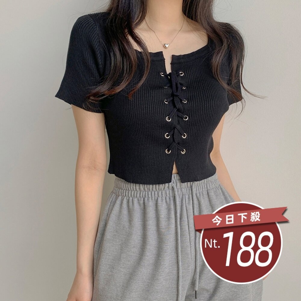 20791068177-【台灣發貨】韓版小心機綁帶短版上衣 衣服 女裝 t恤 短袖t恤 上衣【T552】