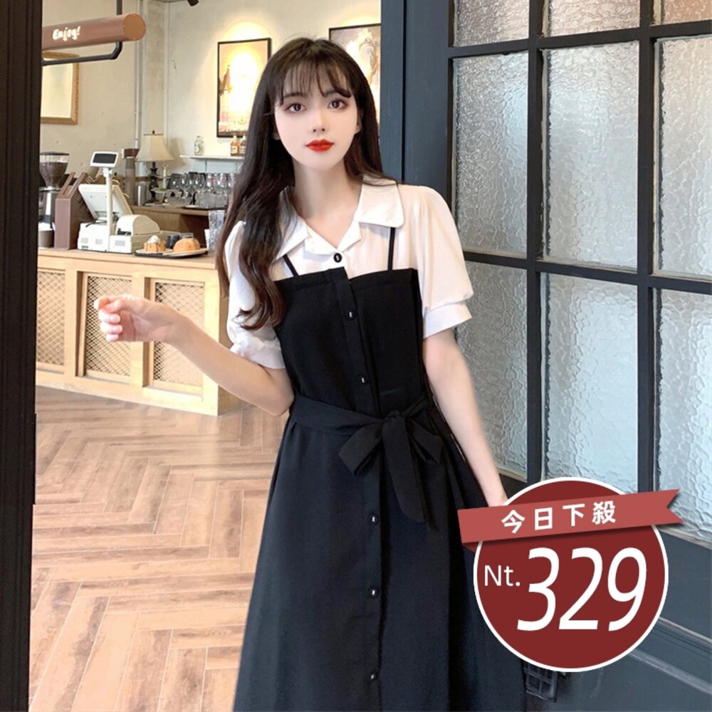20914835137-【台灣發貨】韓版設計感假兩件收腰氣質洋裝 連身裙 吊帶裙 吊帶褲 女裝【S188】
