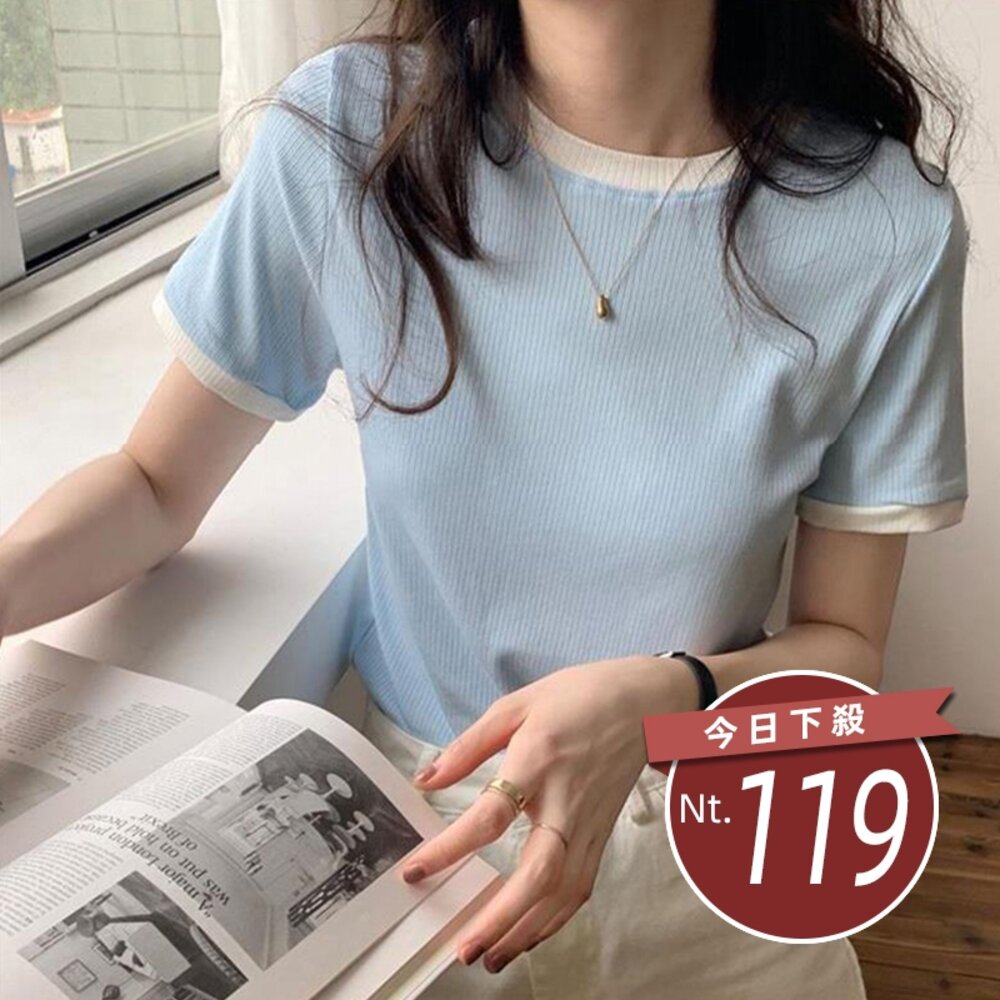 20927220828-【台灣發貨】韓版小眾拼接色短袖上衣 短袖t恤 衣服 女裝 t恤 短袖t恤 上衣【T468】