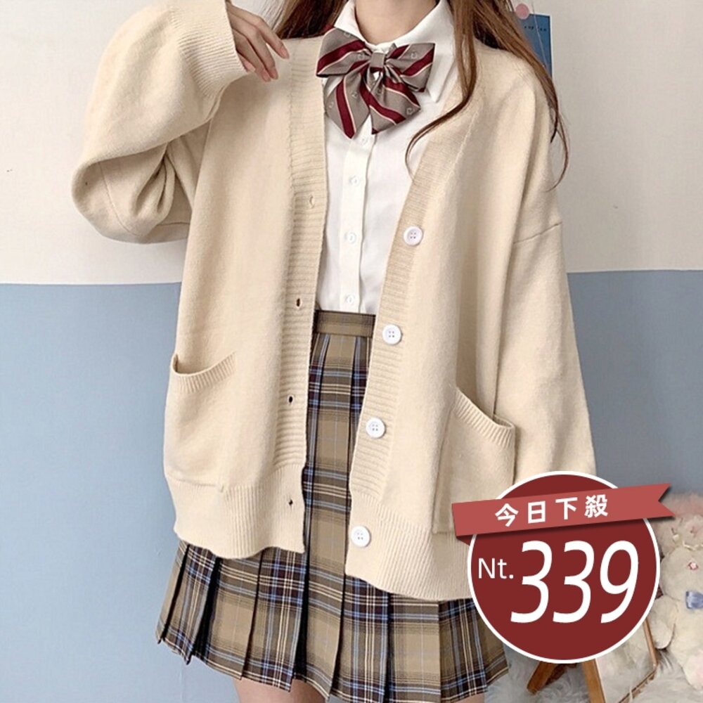 20985986983-【台灣發貨】韓版學院風甜美V領針織外套 長袖上衣 長袖t恤 衣服 女裝 上衣【J287】