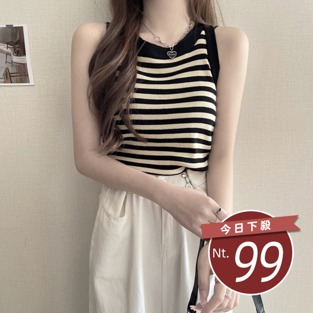 20988464665-【台灣發貨】韓版復古顯瘦條紋針織背心 小可愛 背心 衣服 女裝 上衣【V257】