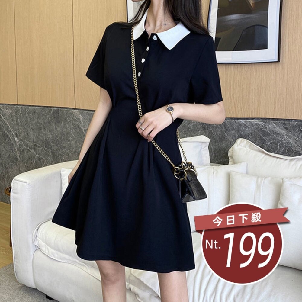 21027189669-【台灣發貨】韓版氣質短袖收腰顯瘦小黑裙洋裝 連身裙 吊帶裙 吊帶褲 女裝【S198】