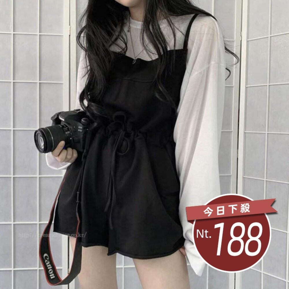 21061370400-【台灣發貨】韓版寬鬆百搭冰絲吊帶短褲 套裝 連身裙 吊帶裙 吊帶褲 女裝【S219】