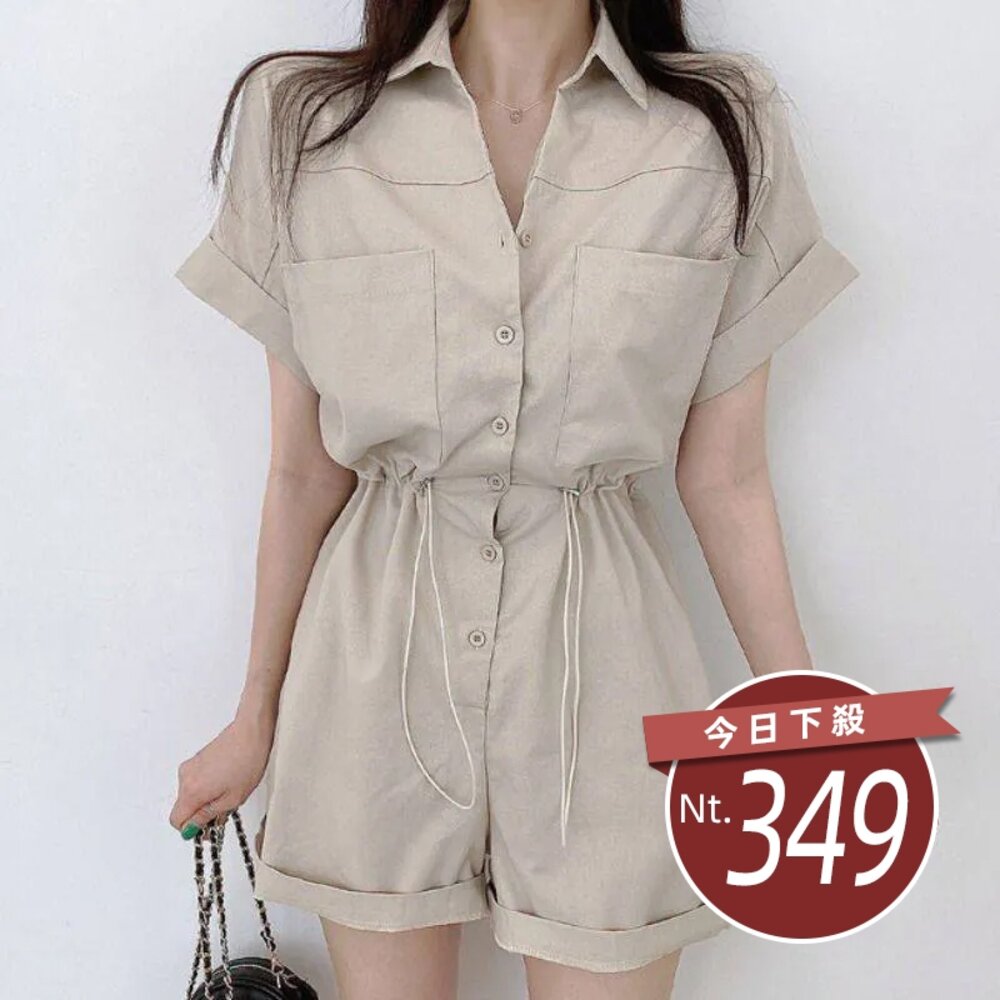 21126997652-【台灣發貨】韓版氣質拉繩收腰顯瘦連體短褲套裝 連身裙 吊帶裙 吊帶褲 女裝【S197】