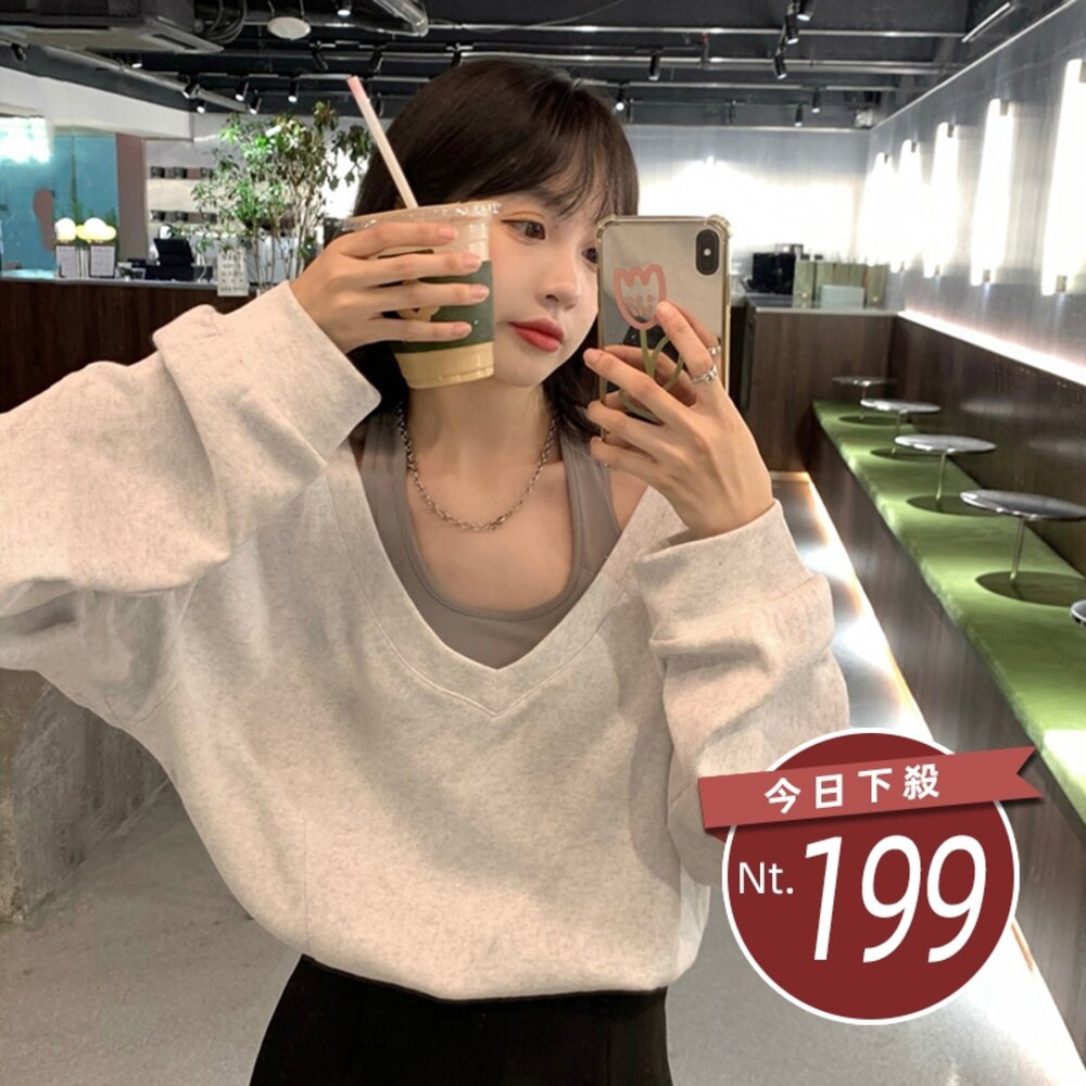 21177622964-【台灣發貨】韓版露肩假兩件設計感寬鬆短版上衣 長袖上衣 長袖t恤 衣服 女裝 上衣【W343】