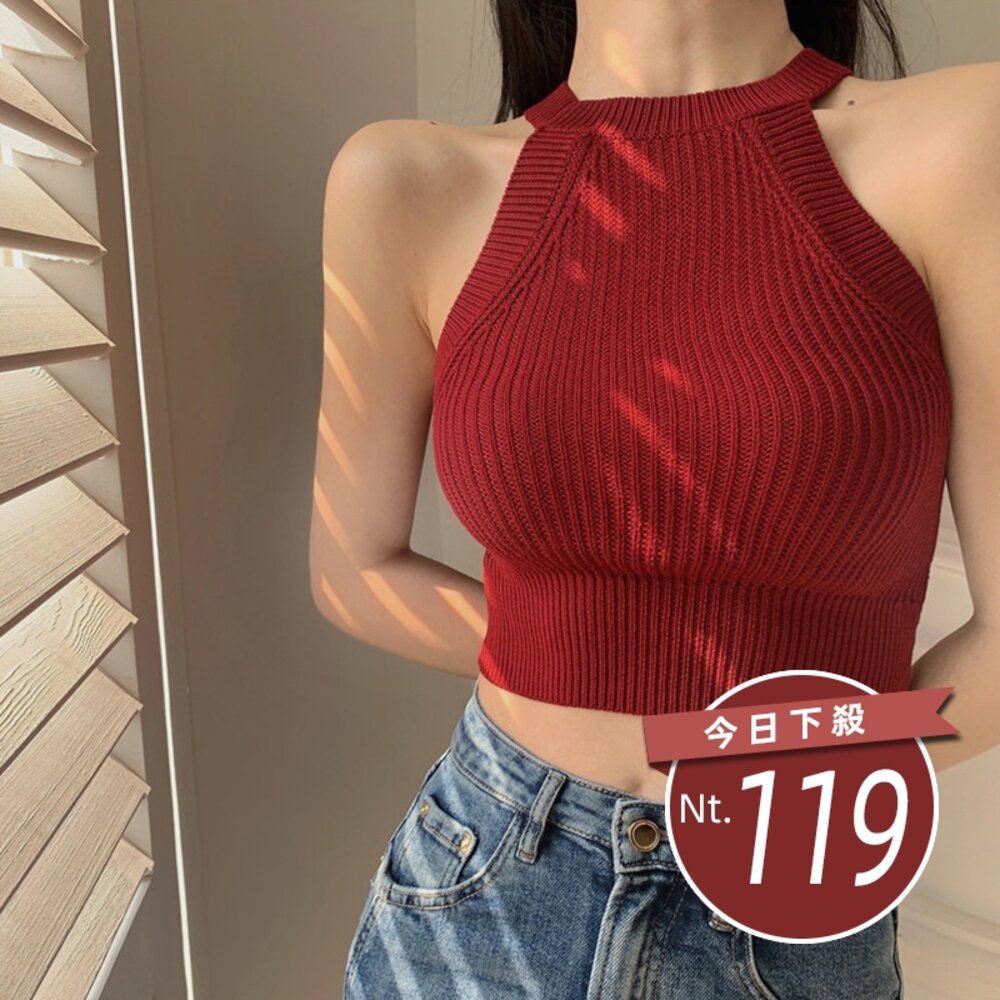 21182122651-【台灣發貨】韓版削肩無袖緊身針織短版背心 小可愛 背心 衣服 女裝 上衣【V288】