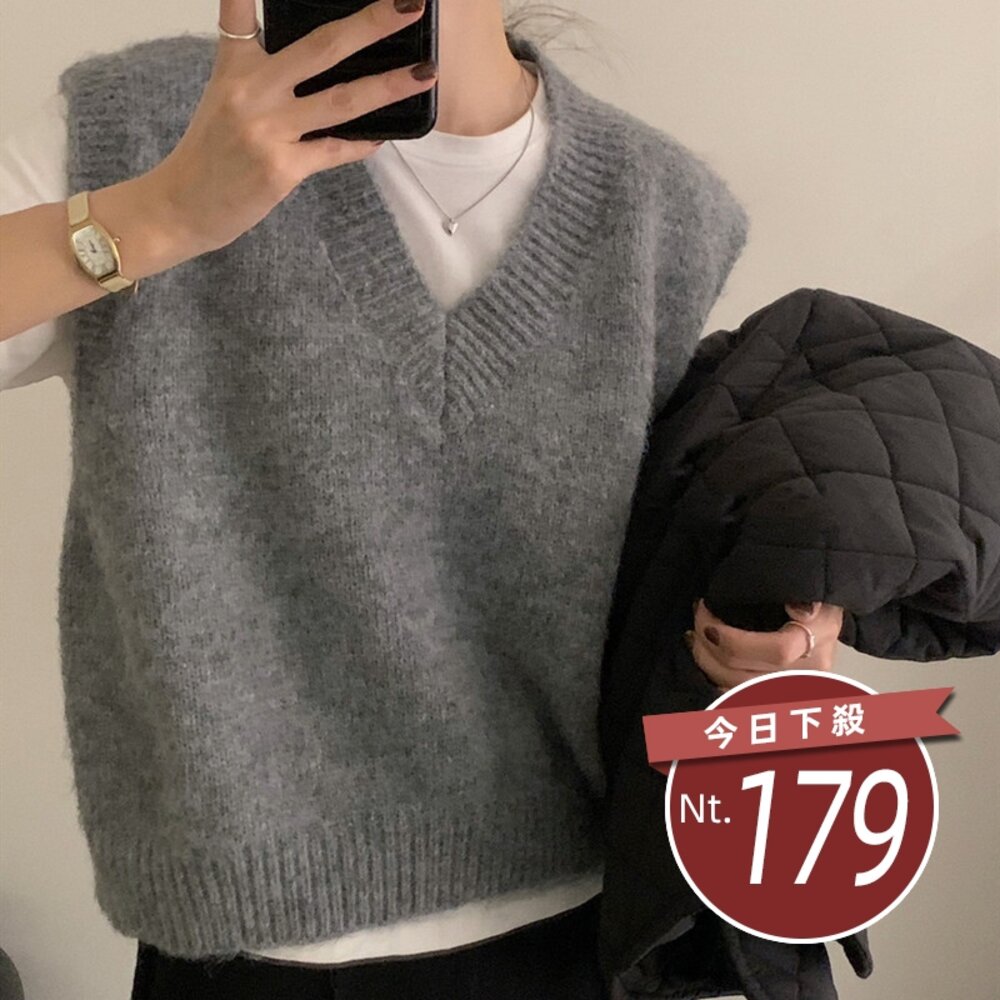 21184720906-【台灣發貨】韓版V領簡約溫柔疊穿針織背心 長袖上衣 長袖t恤 衣服 女裝 上衣【W176】