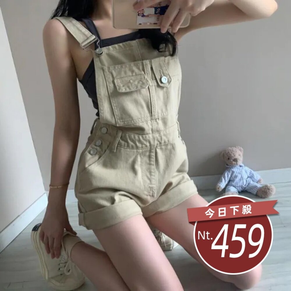 21224674945-【台灣發貨】韓版復古工裝吊帶牛仔短褲 連身裙 吊帶裙 吊帶褲 女裝【S193】