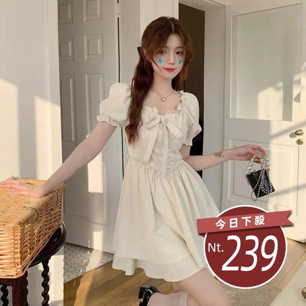 21281131831-【台灣發貨】韓版法式方領花邊泡泡袖連衣裙 連身裙 吊帶裙 吊帶褲 女裝【S261】