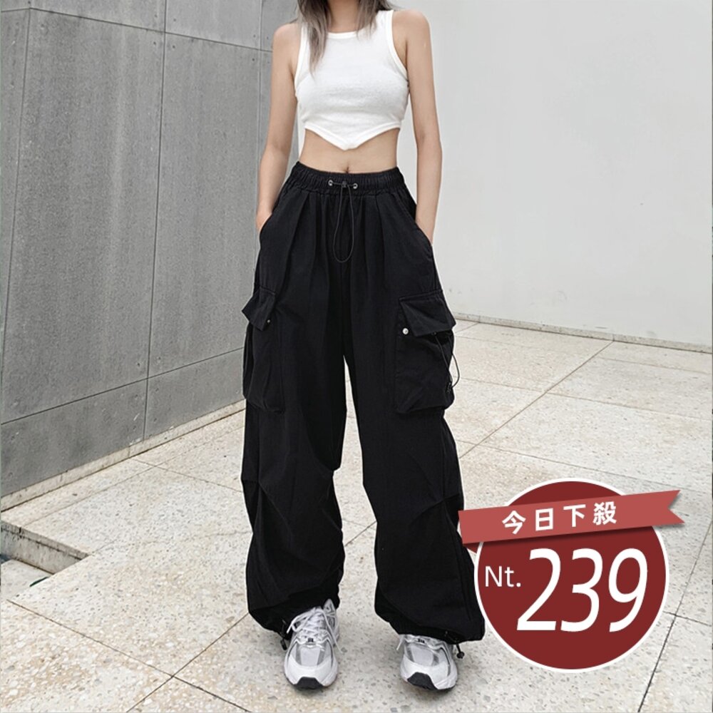 21282364824-【台灣發貨】韓版復古設計感寬鬆束腳工裝褲 寬褲 褲子 女裝【P267】