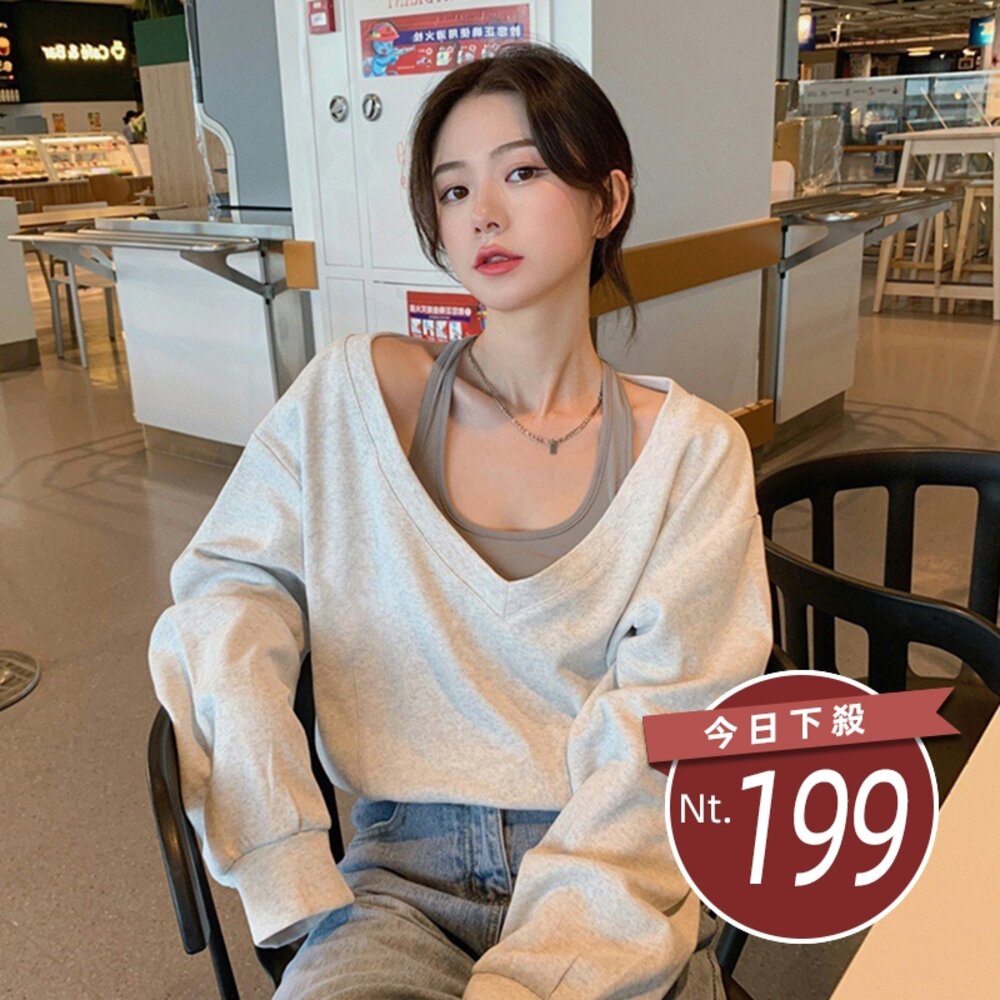21568312655-【台灣發貨】韓版寬鬆V領假兩件運動風薄款長袖上衣 長袖上衣 長袖t恤 衣服 女裝 上衣【W343】