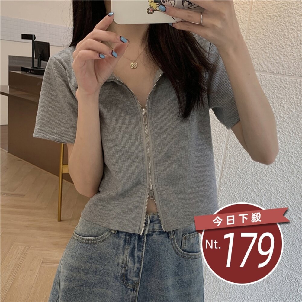 21679489977-【台灣發貨】韓版翻領拉鍊設計感短版上衣 衣服 女裝 t恤 短袖t恤 上衣【T526】