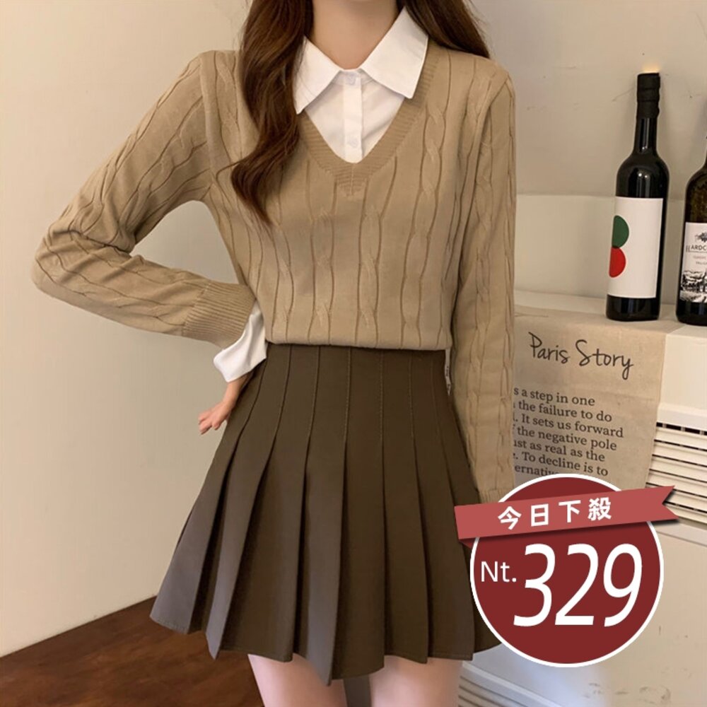 21886753304-【台灣發貨】韓版翻領假二件襯衫針織上衣 長袖上衣 長袖t恤 衣服 女裝 上衣【W467】