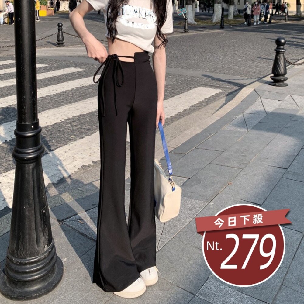 21888443483-【台灣發貨】韓版氣質高腰設計感綁帶西裝褲 寬褲 褲子 女裝【P250】