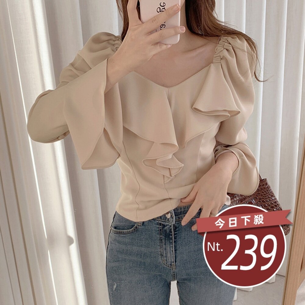 21996292773-【台灣發貨】韓版氣質設計感小眾法式花邊修身襯衫 長袖上衣 長袖t恤 衣服 女裝 上衣【W493】