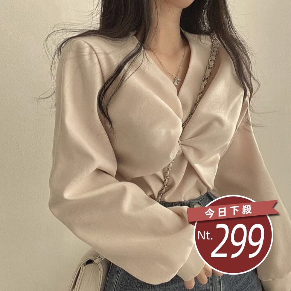 22057702044-【台灣發貨】韓版法式氣質小眾設計感長袖上衣 長袖上衣 長袖t恤 衣服 女裝 上衣【W425】