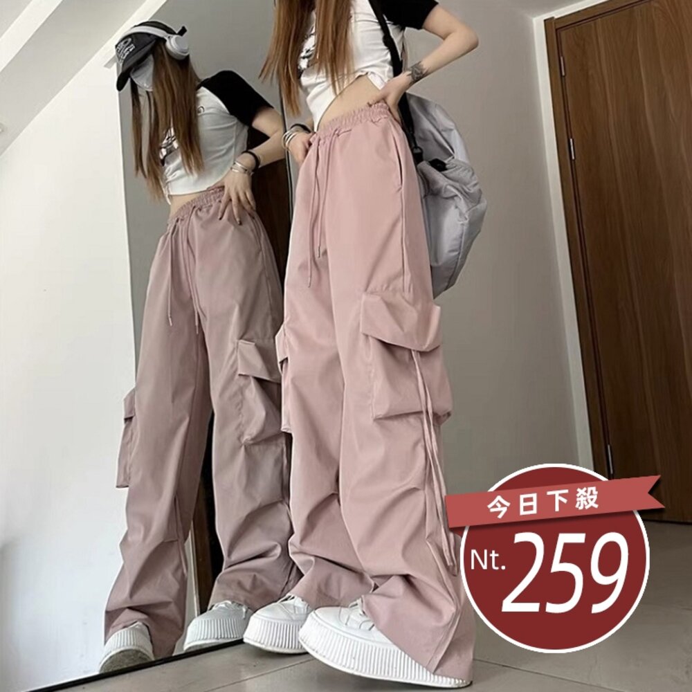 22057702853-【台灣發貨】韓版寬鬆高腰直筒設計感鬆緊速乾工作褲 寬褲 褲子 女裝【P294】