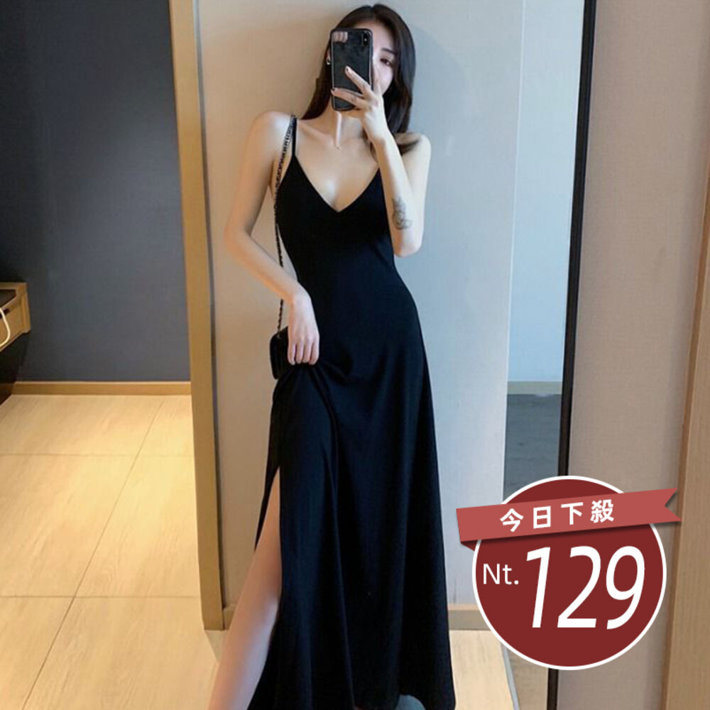 22141460738-【台灣發貨F】韓版復古開叉V領性感小黑裙洋裝 連身裙 吊帶裙 吊帶褲 女裝【S257】