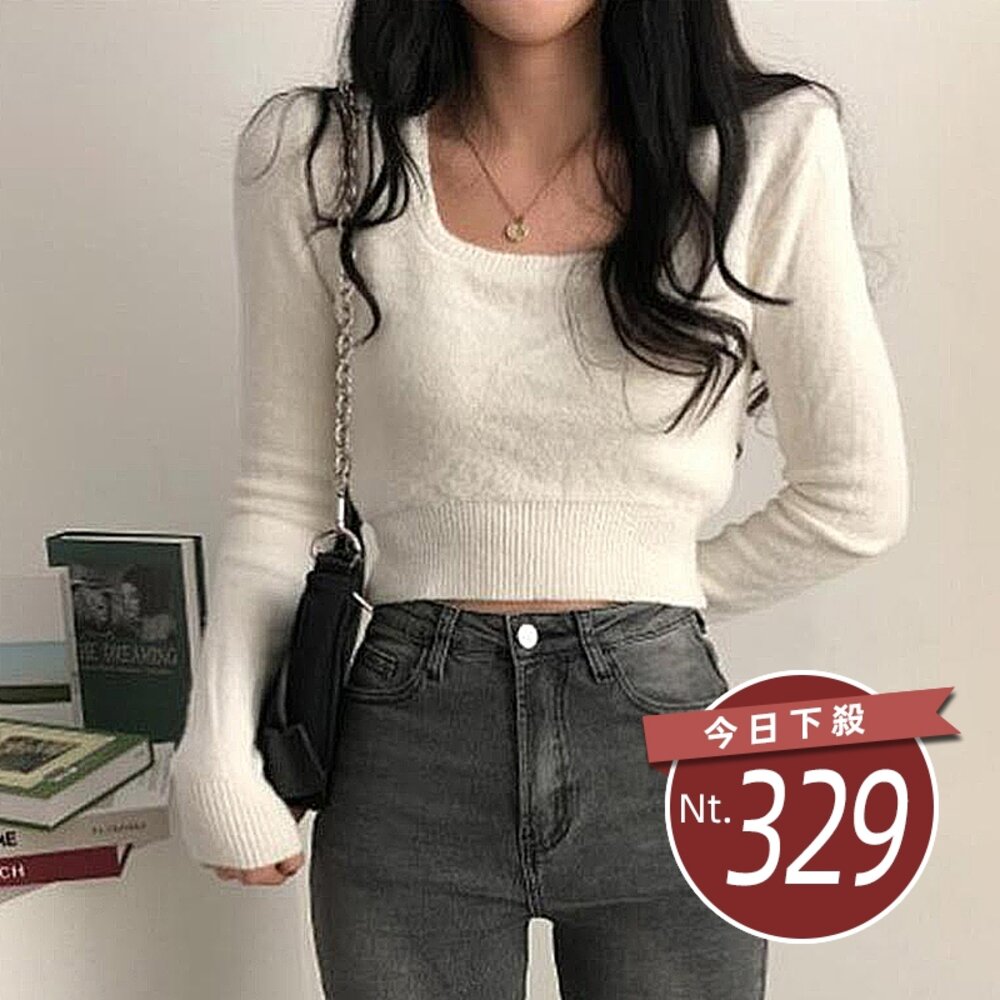 22231078370-【台灣發貨】韓版方領露鎖骨針織上衣 長袖上衣 長袖t恤 衣服 女裝 上衣【W394】