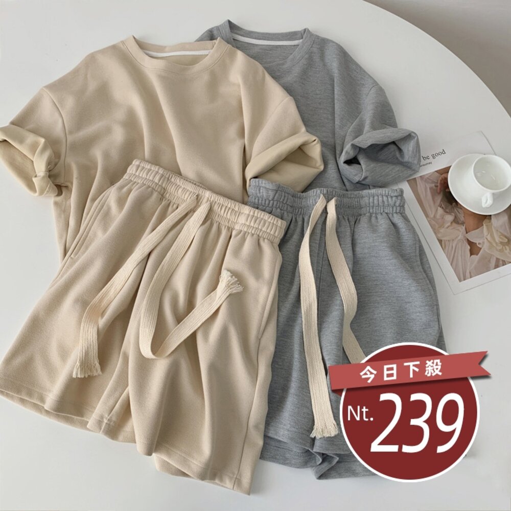 22267158748-【台灣發貨】韓版不費心思穿搭簡約休閒運動套裝 衣服 女裝 t恤 短袖t恤 上衣【S253】