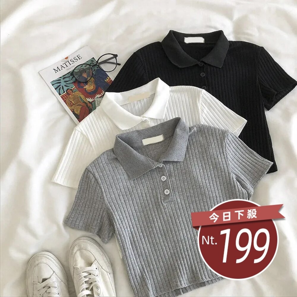 22272007939-【台灣發貨】韓版鈕扣翻領針織短版上衣 短袖上衣 衣服 女裝 t恤 短袖t恤 上衣【T538】